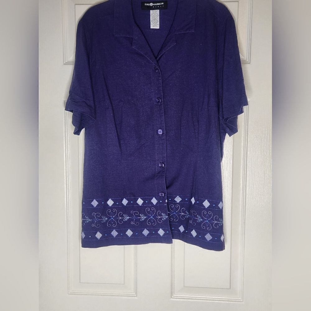 Sag Harbor 1X Purple LINEN Blend Shrtslv Beaded Embroidered Women’s Shirt Blouse